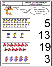 okul öncesi çocuklar için kutudaki resim sayısı ile karşısındaki sayıları eşleştirme çalışma sayfaları